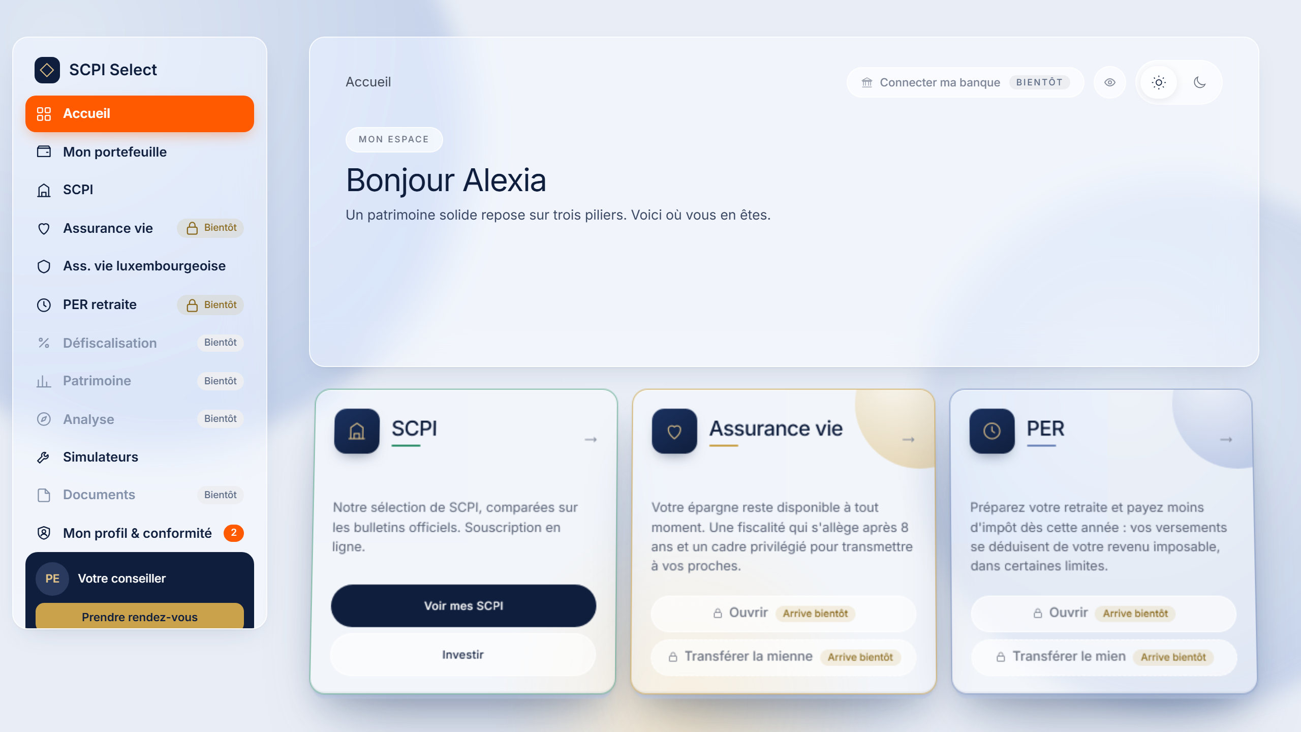 Aperçu de l’espace client : portefeuille, assurance vie et PER