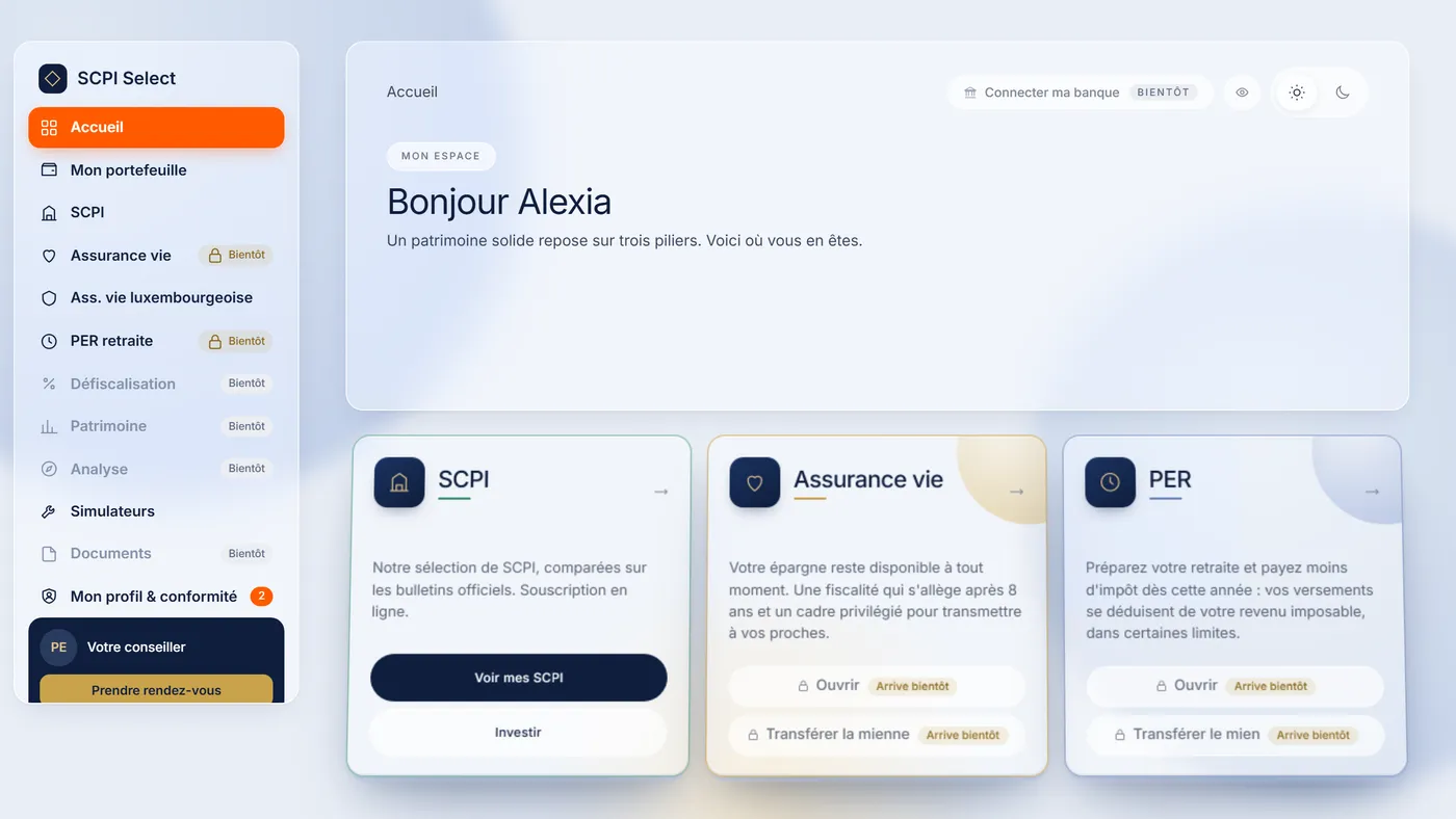 Aperçu de l’espace client : portefeuille, assurance vie et PER