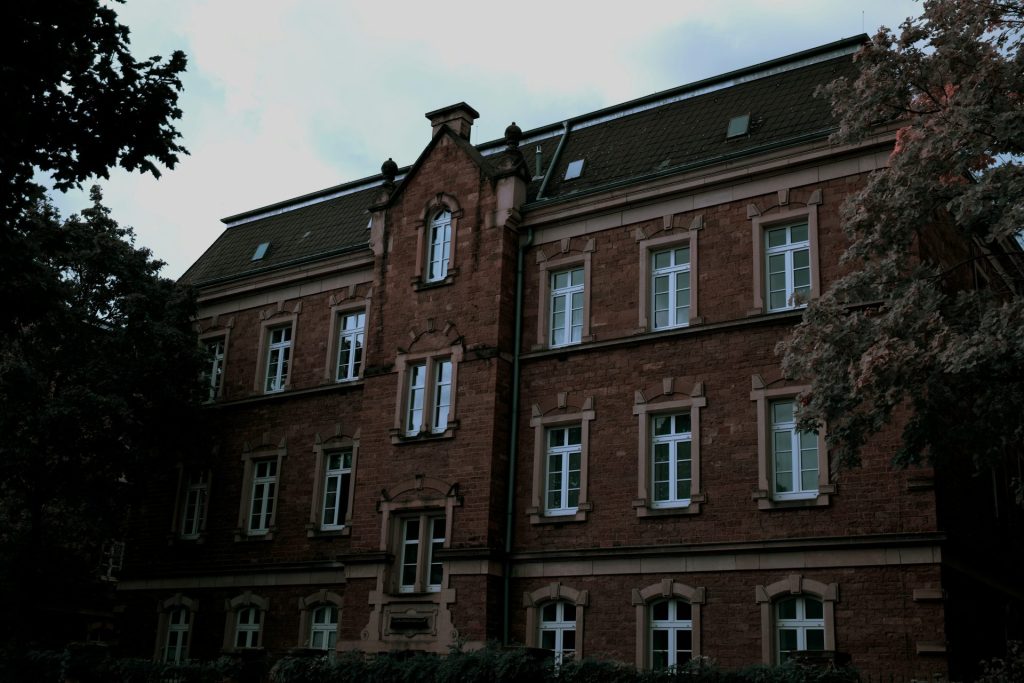 a brick building with many windows